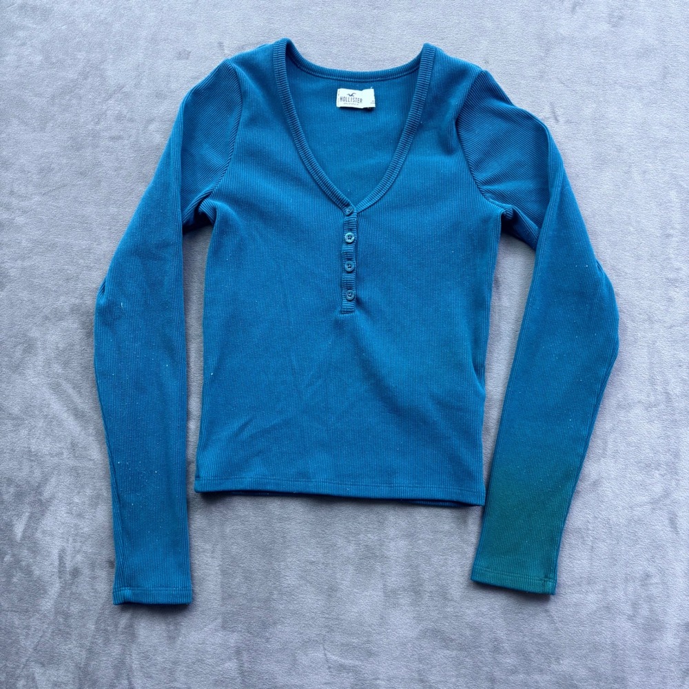 Hollister Womens Teal Blue Ribbed Long Sleeve Henley V-Neck Top Size S